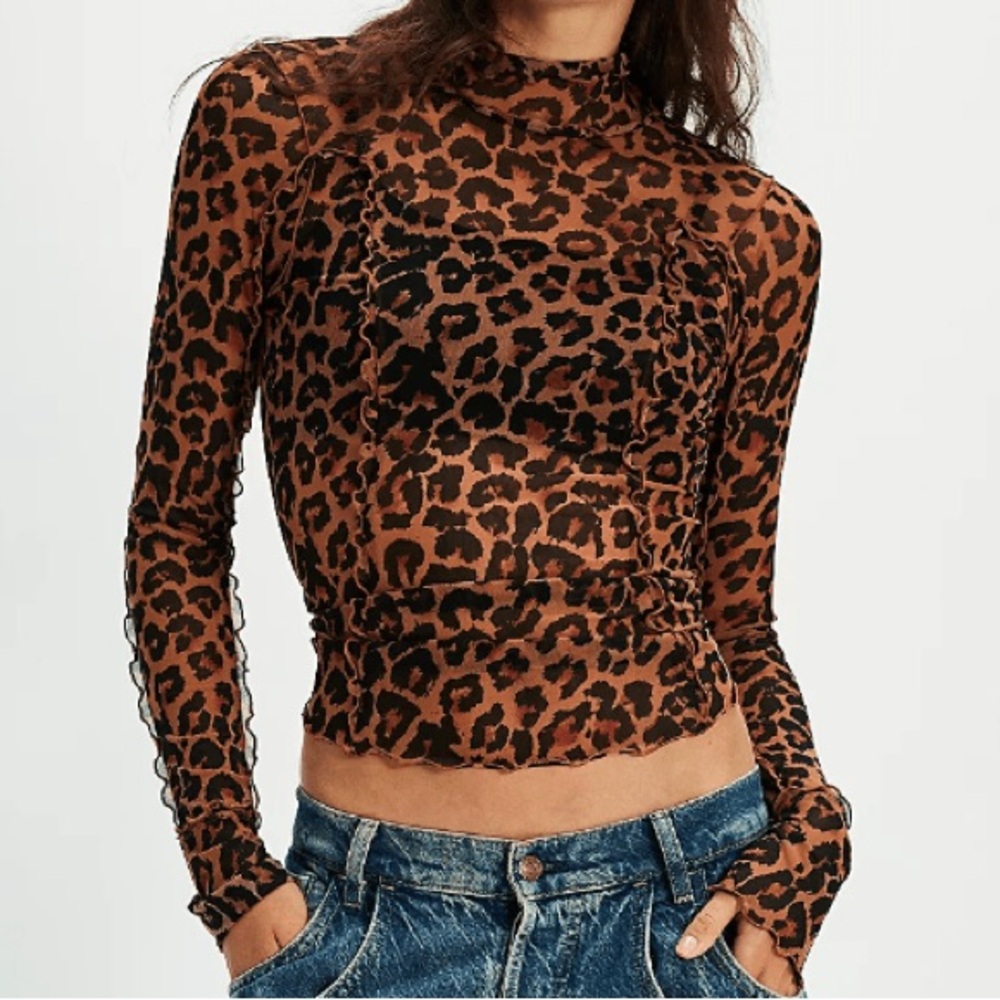 Y2K Free People Brown Leopard Print sheer long sleeve top